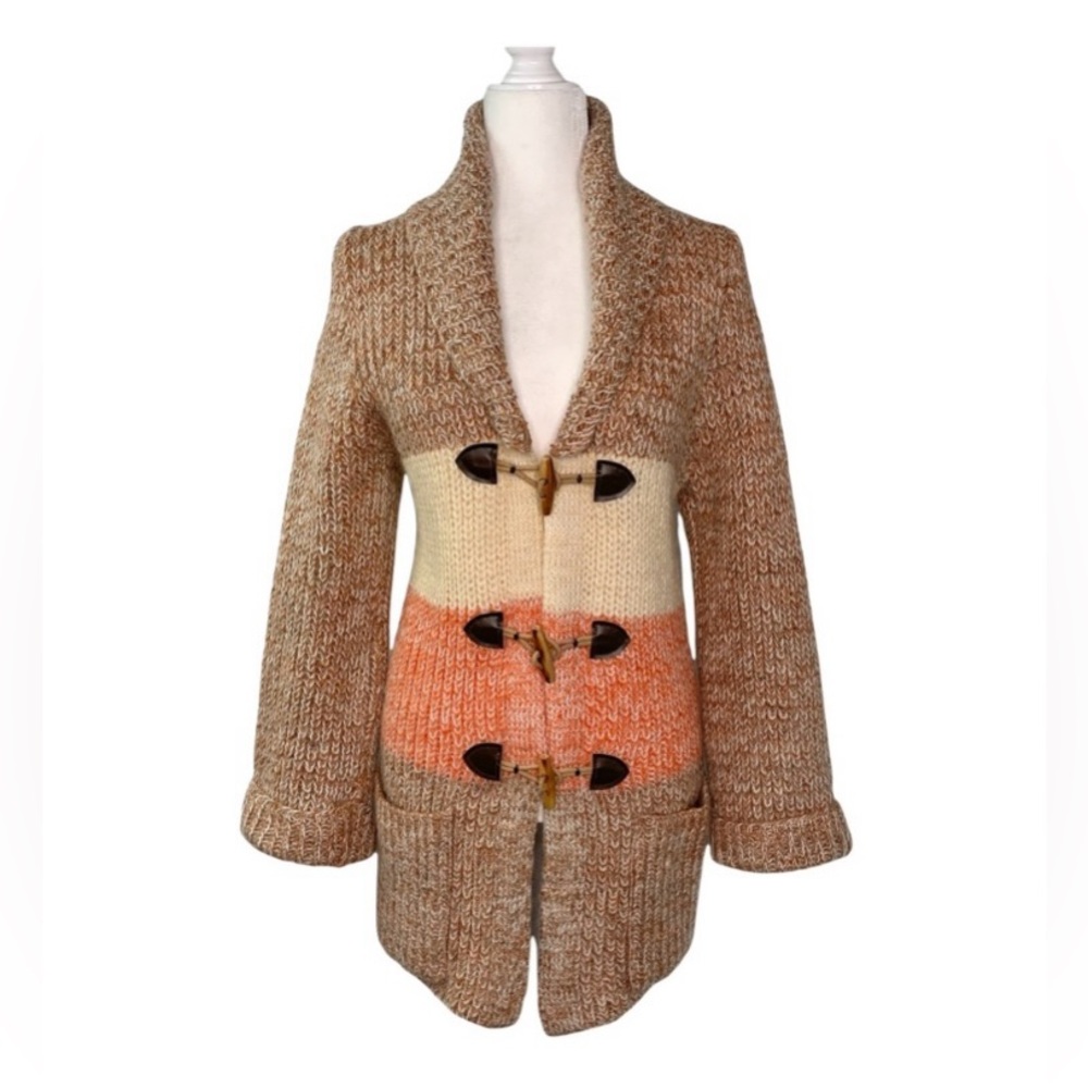 Vtg 70s Fall Evenings ๐ Gorgeous Vintage Chunky Knit Toggle Button Cardigan - Picture 1 of 9